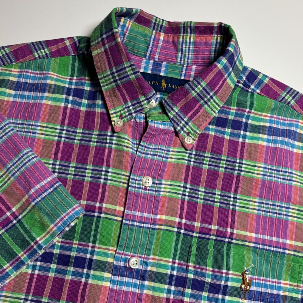 Ralph Lauren Oxford Shirt Multi Color Plaid Mens M Short Sleeve Button Pony Down